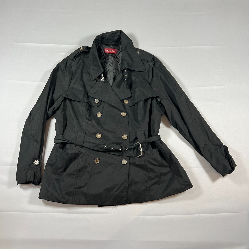 Merona Trench Coat Womens 1 Black Cotton Double Breasted Belted Waist Minimalist - Picture 4 of 12